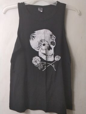 Volcom Black Tank Top Distressed with White Floral Skull Graphic Women's Sz M
